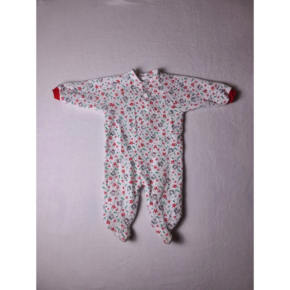 VTG Y2K Rumble Tumble Footed Sleeper Kids L/6-9M White Red Poinsettia Bear Quilt